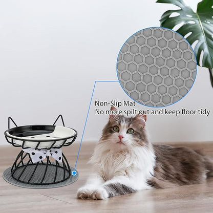 Elevated Cat Food Dish, Ceramic, Non-Slip Stand, Raised Feeding Station, 5 in, Shallow for Whiskers, Dishwasher Safe