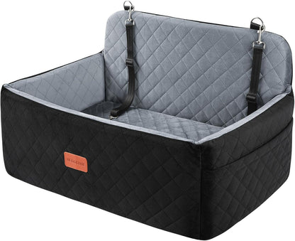 Dog Car Seat for Medium/Large Dogs, Pet Booster Seat for Under 55 lbs or 2 Small Dogs, Detachable & Washable Dog Car Bed for Backseat with 2 Safety Leashes (Black/Grey)
