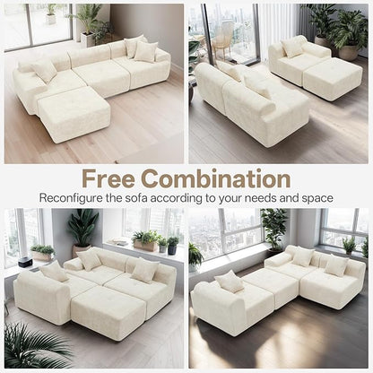 119’’ Modular Sectional Sofa Couch with Chaise, Deep Seat Cloud Couch for Living Room, Modern Chenille Upholstered Sectional with Throw Pillows, Compression Modular Sofa for Apartment Bedroom, Beige