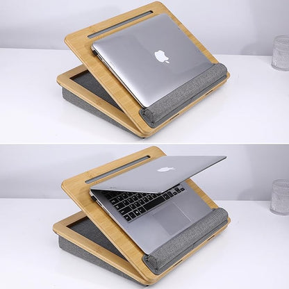 SUMISKY Adjustable Lap Desk-Portable Laptop Stand with Cushion, Bamboo Platform with Phone Holder, Wrist Pad Fits up to 15.6 Inch Laptops