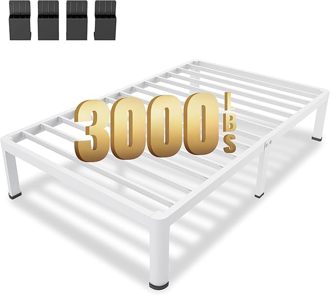 MAF 14 Inch Twin Metal Platform Bed Frame White with Round Corner Legs, 3000 LBS Heavy Duty Steel Slats Support, Noise Free, No Box Spring Needed, Easy Assembly