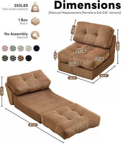 Tbfit Folding Sofa Bed, Convertible Sleeper Chair with Large Pillow, Corduroy Folding Couch Bed, Portable & Foldable Mattress Boneless Floor Sofa for Living Room, Bedroom, Office, Brown, Single