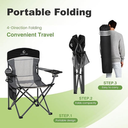 LET'S CAMP Mesh Back Camping Chair Portable Folding Heavy Duty Outdoor Chair Support 330 LBS Durable Large Arm Chair with Cup Holder and Carry Bag for Camp, Fishing, Hiking, Black
