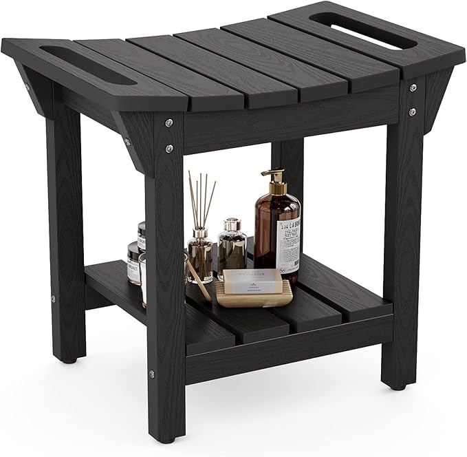 Waterproof Shower Bench, Poly Lumber Shower Stool for Shaving Legs, Shower Chair Seat with Storage Shelf and Handles, Bathroom Bench for Inside Shower, Non-Slip (Black)