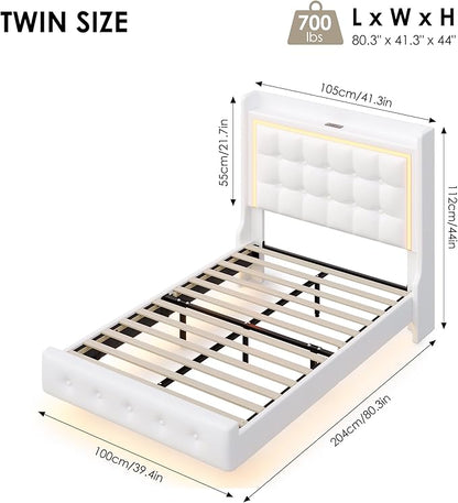 Keyluv Upholstered Twin Floating Bed Frame with LED Lights and Charging Station, Pu Leather Platform Bed with Button Tufted Storage Headboard, Type-C & USB Charging Ports, No Box Spring Needed, White