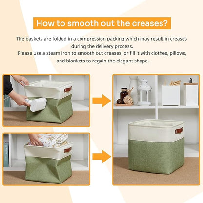 DULLEMELO Storage Basket, Linen Closet Organizers and Storage Baskets for Home Office, Suitable as Dog Toy Box, Baby Gift Basket, 4 Pieces 12x12 Decorative Cube Storage Bins(4 Pack - 12" White&Green)
