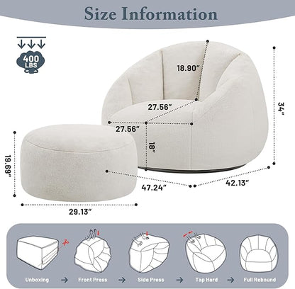 Swivel Giant Bean Bag Chair for Adults with Ottoman - Comfy Plush Round Shell Soft Accent Chaise Lounge Indoor Chair, Oversized Cozy Floor Sofa for Living Room, Bedroom & Game Rooms, Beige