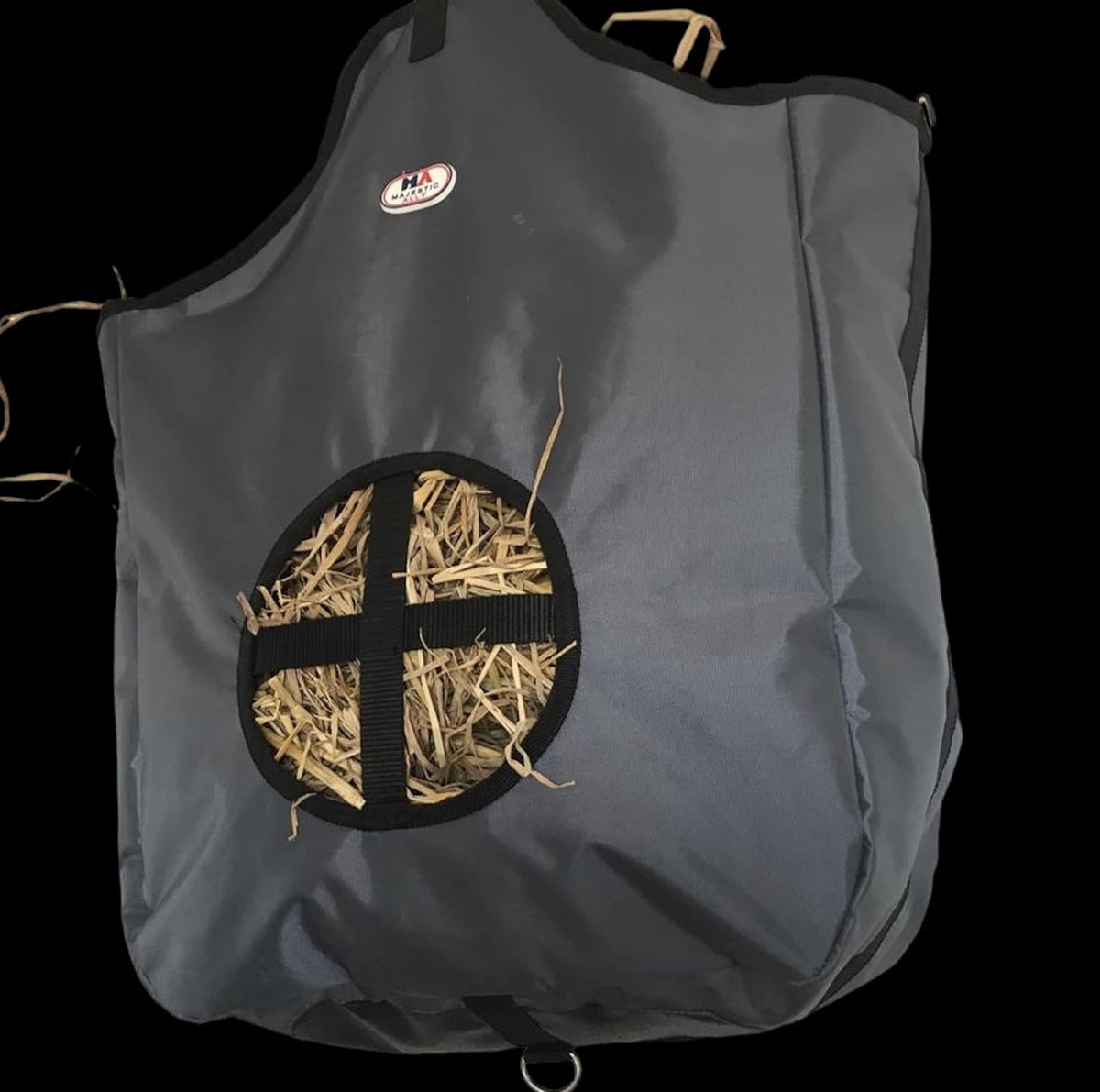 Majestic Ally Nylon Hay Feeder Tote Bag for Horse, Goat, Sheep - Double Sides Open Feed Hole with Faux Leather Ventilated Bottom- Premium Quality -Simulates Grazing - Reduces Waste (Dark Gray)
