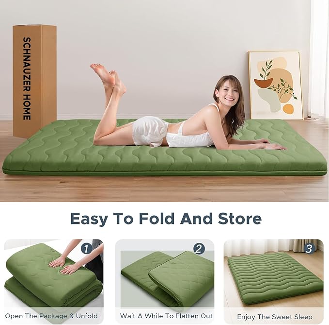 Japanese Floor Mattress, 100% High Density Comfortable Foam, 4" Thicken Foldable Mattress Tatami Mat Sleeping Pad, Ideal for Comfort and Support, Kids Floor Lounger Pillow Bed Sofa, Green, Twin