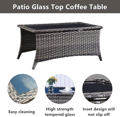 Belord Wicker Outdoor Furniture Patio Furniture Set - 6 Piece Patio Conversation Set with Swivel Rocker Chairs, Rattan Sofa, Ottomans and Coffee Table, Blue Cushion