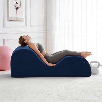 DRMBOOK Yoga Chairs for Adults, Corduroy Fabric Chaise Lounge with Headrest, Boneless Yoga Sofa Couch with Waist Cushion, Movable Footrest, Side Pockets for Relaxation Exercise Stretching (Blue)