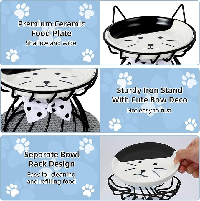 Elevated Cat Food Dish, Ceramic, Non-Slip Stand, Raised Feeding Station, 5 in, Shallow for Whiskers, Dishwasher Safe