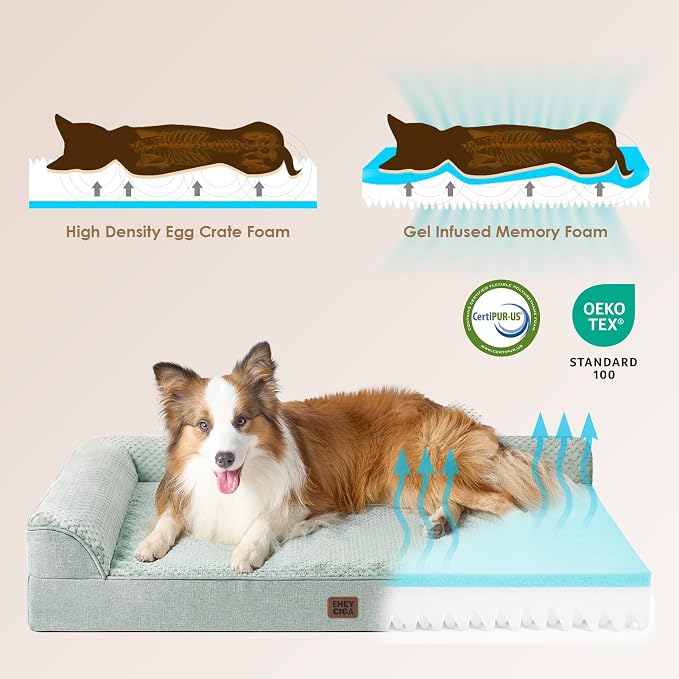 EHEYCIGA Large Dog Bed Memory Foam for Crate, Orthopedic Dog Bed Large Size Dogs with Washable Removable Cover, Waterproof Pet Sofa Couch with Nonskid Bottom, 35x22x6, Greyish Green | Small Dog Sofa with Washable Removable Cover, Waterproof Pet Couch f...