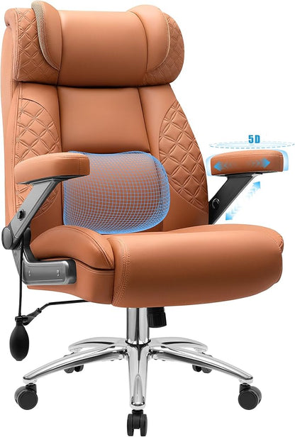 Office Chair, 5D Flip Arm Ergonomic Desk Chair with Adjustable Lumbar Support for Back Pain, Extra Wide 500LBS Comfy Big and Tall Office Chair, Executive Leather Computer Game Chair for Heavy People