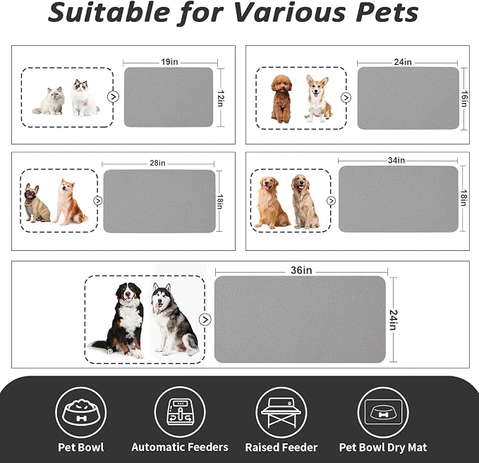 HotLive Dog Food Mat - Absorbent Cat Mat for Food and Water, No Stains Pet Feeding Bowl Mat, Easy to Clean Pet Placemats, Quick Dry Dog Water Dispenser Mat for Messy Drinkers | Grey 24"x 36"