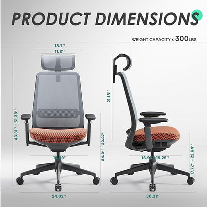 COLAMY Ergonomic Office Chair, Mesh Desk Chair with High Back, Lumbar Support, Adjustable Headrest and 4D Arms, Slide Seat, Tilt Lock-Coral