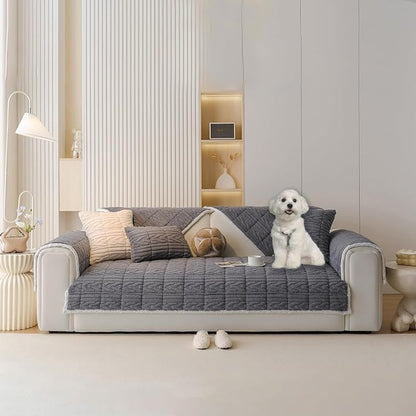 HANDONTIME Fuzzy Dog Couch Cover Washable, Pet-Friendly Sofa Covers Non-Slip Geometric Jacquard Pet Protector Furniture Cover for 3 Cushion Sofa Cozy Fuzzy Dog Mat for Couch (Grey, 35.4" x 82.7")