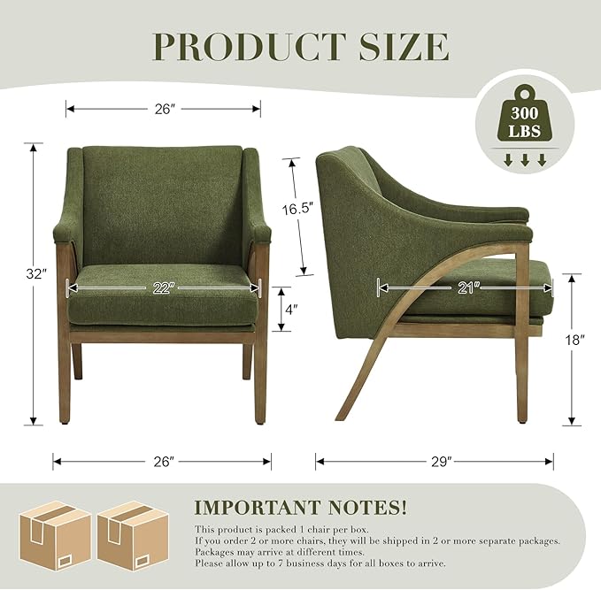 CIMOTA Mid Century Modern Accent Chair with Barrel Back, Upholstered Armchair Comfy Reading Chair with 4" Thick Cushion, Solid Wood Legs for Living Room/Bedroom/Reading Corner, Linen Fabric, Green