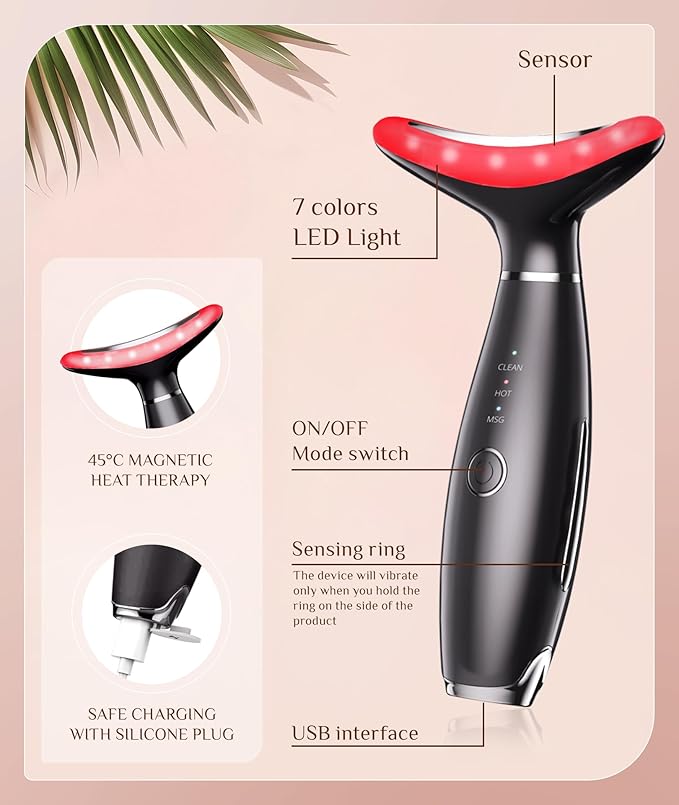 7 Color Galvanic Machines - Red Light Therapy for Face and Neck, Face Massager Tool for Wrinkles, Double Chin, Vibrating Facial Massager with Thermals, Black