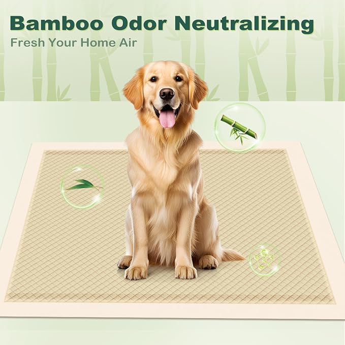 MIZOK Bamboo Dog Pee Pads Highly Absorbent No Leak X-Large 28x34in 100Ct | Thick Bamboo Fibers Instantly Absorb Liquid and Neutralize Bad Odors Keeping Your Indoor Living Space Clean and Leak Proof