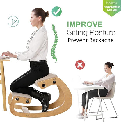 Predawn Adjustable Ergonomic Kneeling Chair – Custom Height Rocking Posture Stool with Thick Cushions, Solid Wood Frame, Knee Support Seat for Adults, Office or Meditation Use(White Oak)
