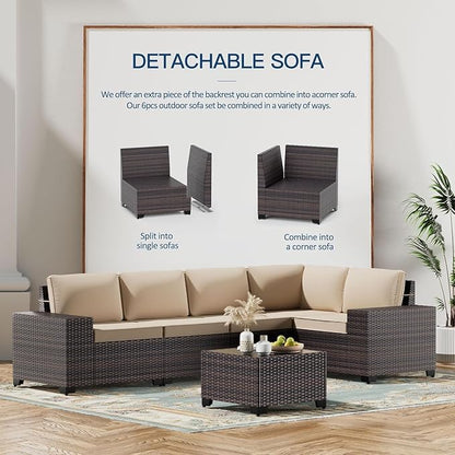Kullavik Outdoor Patio Furniture Set,12 Pieces Sectional Rattan Sofa Set Brown PE Rattan Wicker Patio Conversation Set with 10 Seat Cushions and 2 Tempered Glass Coffee Table,Sand