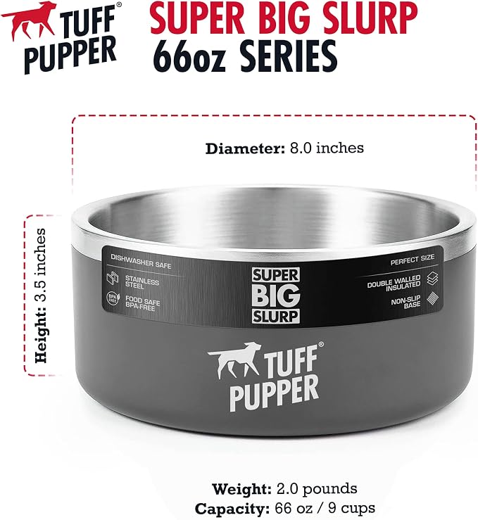 Tuff Pupper Heavy Duty Insulated Dog Bowl | Double Wall Stainless Steel Dog Food Dish | Non-Slip Spill Proof Dishwasher Safe Cat Bowl | Water Dish for Feeding Large Medium Small Pets (66oz, Grey)