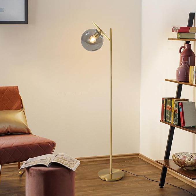 Farmhouse Floor Lamp Retro Smoky Gray Glass Standing Tall Lamps Vintage Brass Freestanding Floor Lamps Adjustable Globe Floor Lamp for Office Bedroom