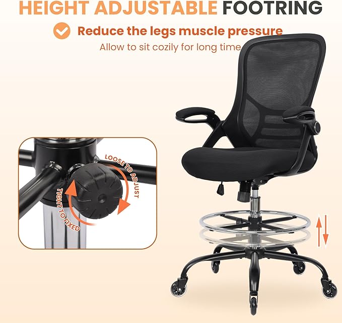 HYLONE Drafting Chair Adjustable, Tall Office Chair Lumbar Support Ergonomic Standing Desk Chair Heavy Duty Tall Drafting Stool for Artists with Footrest Home Office Drafting Stool
