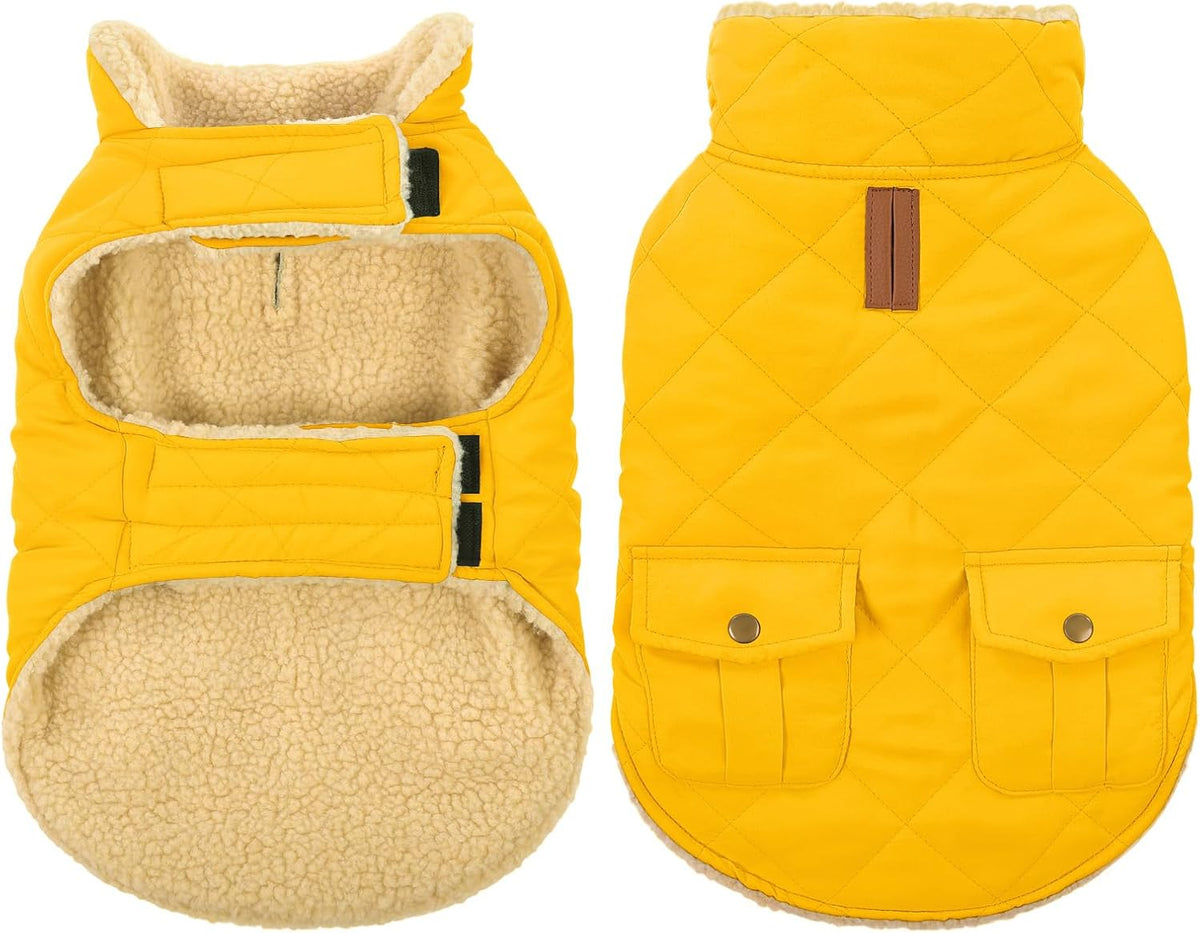 Queenmore Dog Winter Coat Warm Puffer Jacket Waterproof Plush Lining Thermal Cold Weather Vest for Small Medium Large Dogs, Windproof Easy On Pet Jacket Yellow M
