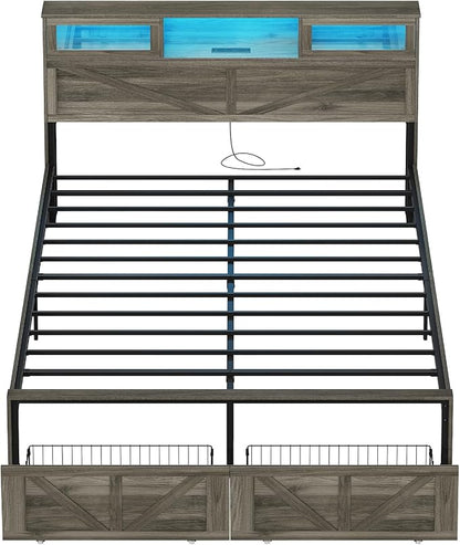 Yoobure Farmhouse Queen Bed Frame with Headboard - Bed Frame Queen Size with Charging Station & LED Lights, Wood Bedframe Queen-Size with 2 Storage Drawer, Platform Beds, No Box Spring Needed, Grey
