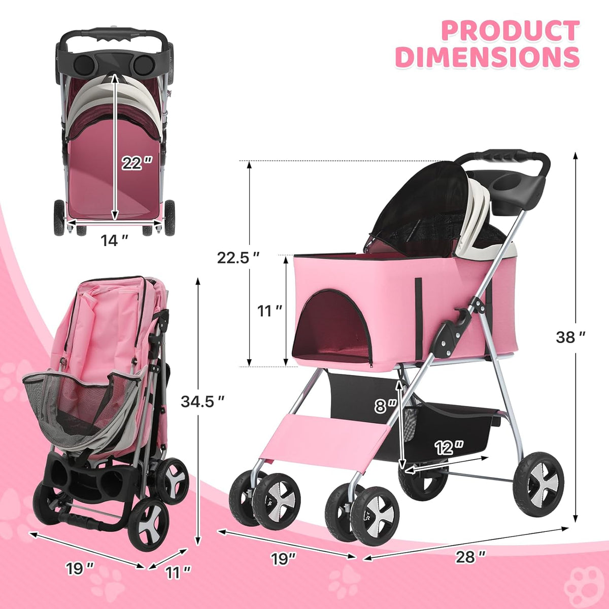 Magshion Foldable Pet Stroller, 3-in-1 Dog Travel Jogger with Detachable Carrier, Cup Holder, Storage Basket, Folding Carrier for Small/Medium Dogs & Cats Up to 33 lbs, Pink