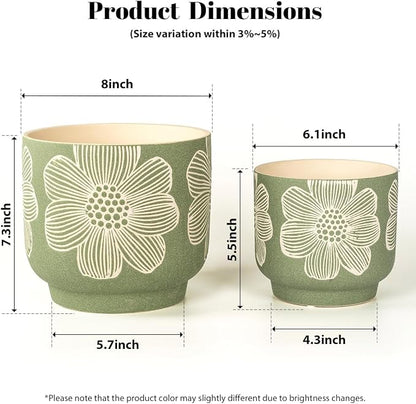 YBX 8 Inch + 6 Inch White Flower Pattern Plant Pots, Sand Glazed Ceramic Planter with Drainage Hole, Flower Pots for Indoor Plants, Green