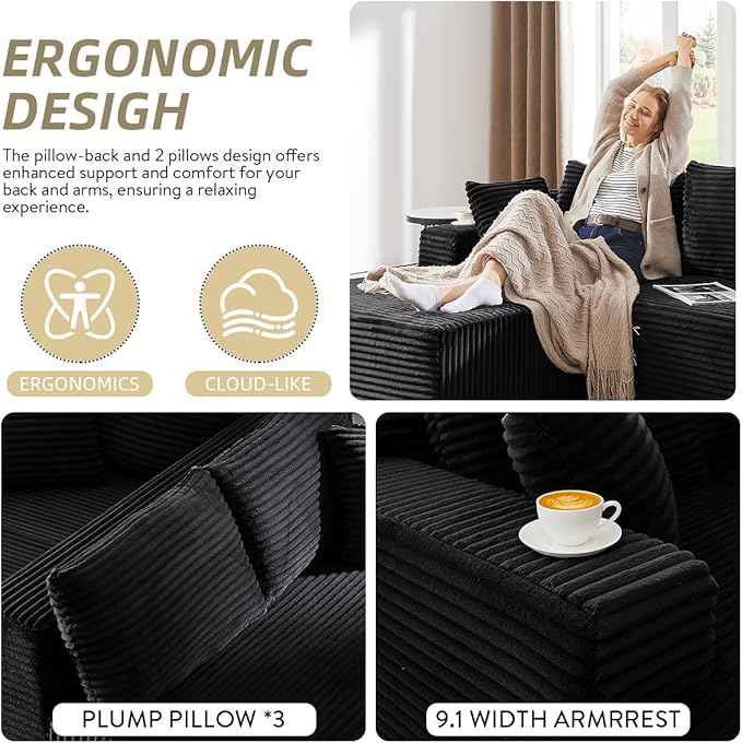 104 Inch Cloud Sectional Couch with L-Shape Chaise,Modern Upholstered Couches with Deep Seat,Corduroy Sponge Compressed Sofa for Living Room,No Assembly Required (Black)