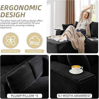 104 Inch Cloud Sectional Couch with L-Shape Chaise,Modern Upholstered Couches with Deep Seat,Corduroy Sponge Compressed Sofa for Living Room,No Assembly Required (Black)