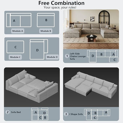136" Cloud Sectional Couch U-Shaped Chaise with Ottoman, Corduroy Boneless Couch for Living Room Bedroom, Deep-Seat Upholstered Modular Cloud Sofa, No Assembly Required (Camel, Left Facing Chaise)