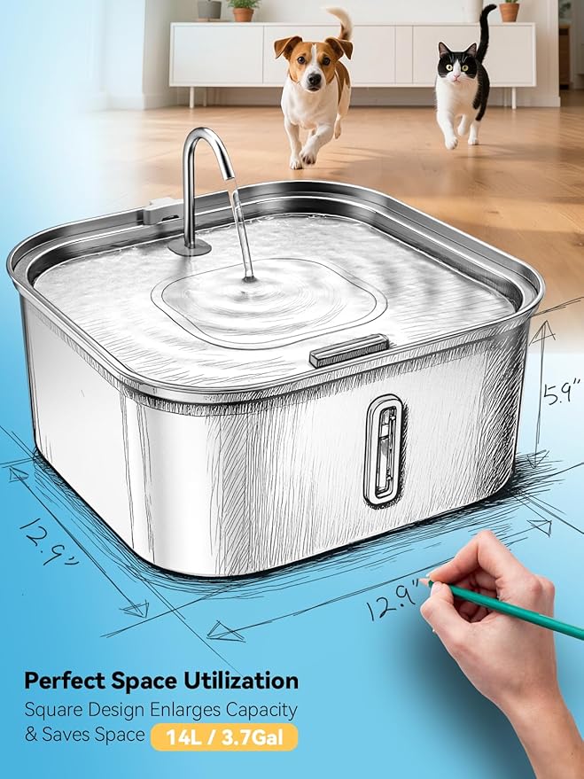 Large Dog Water Fountain 14L/3.7Gal, Stainless Steel Pet Fountain for Large Dogs and Multi-Pets Families, with Visible Window & Extra Wide Drinking Area, Square Design Enlarges Capacity & Saves Space