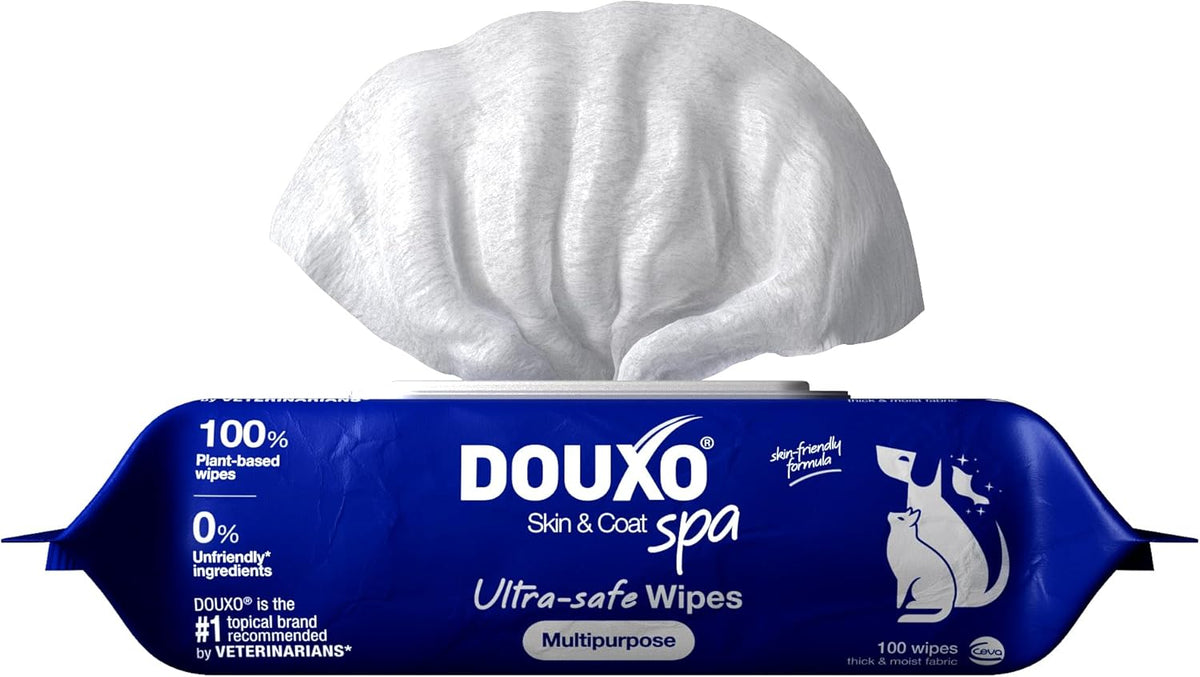 DOUXO® Skin & Coat SPA - Ultra-Safe Multipurpose Wipes for Dogs and Cats, 100 Wipes, Gently Removes Tear and Saliva Stains, Leaves the Coat and Skin Refreshed and Smelling Great, Skin-Friendly Formula