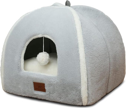 Cat Bed for Indoor Cats - Cat Cave Bed Cat House Cat Tent with Removable Washable Cushioned Pillow, Soft and Self Warming Kitten beds, Pet Bed（Large Grey）