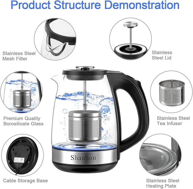 ShanSon Electric Kettle with Tea Infuser 1.7L Temperature Control Glass