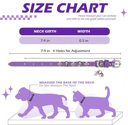 EXPAWLORER Leather Cat Collar for Girl Boy- Adjustable Pet Collar with Safety Elastic Belt,Personalized Punk Accessories Buckle Collars with Bell & Durable D-Ring, Skull(Purple)