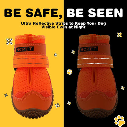Hcpet Dog Shoes for Large Dogs, Breathable Dog Booties for Small Medium Dogs, Anti-Slip Dog Boots & Paw Protectors for Hot Pavement Winter Snow Hiking with Reflective Straps Orange Size 1