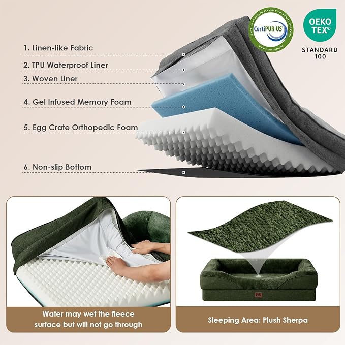 EHEYCIGA Orthopedic Dog Bed for Large Dog, Memory Foam Dog Couch, Dark Green