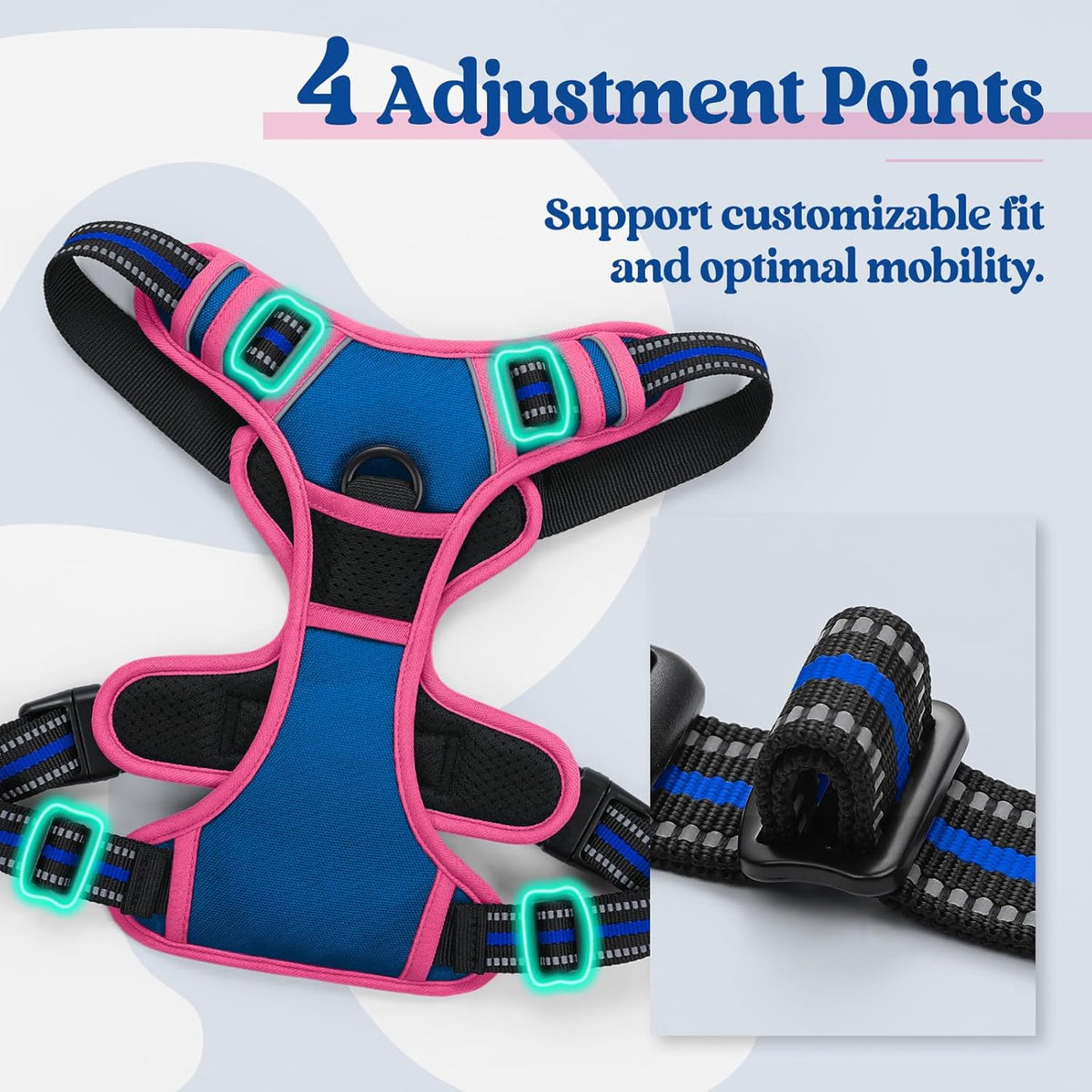 rabbitgoo Dog Harness No Pull with 2 Leash Clips, Adjustable Soft Padded, Reflective Oxford No Choke Pet Vest with Easy Control Handle for Large Dogs, Blue & Hot Pink, L
