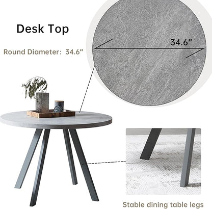 34.6'' Round Dining Table and Chairs for 4, Mid Century Modern Round Table Set, Space Saving for Apartment Kitchen Dining Room (Grey Table+4 Black Chairs)
