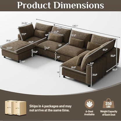 130" W x 67" D U Shape Sectional Sofa with USB Charging & Cup Holder & Storage, 6 Seater Plush Corduroy Couches with Movable Ottoman, Cloud Couch Sofas for Living Room, DIY Combination - Camel
