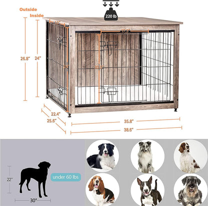 DWANTON Dog Crate Furniture with Cushion, Wooden Kennel Table with Double Doors, Indoor Dog House, Large Size, 38.5" L, Greige