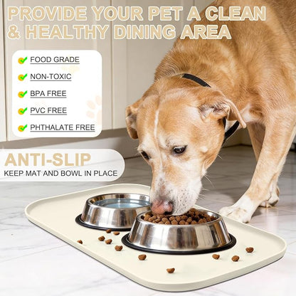 SMILOOL Waterproof Silicone Pet Food Mat with Raised Edge for Dog & Cat | 19" x 12" Non-Slip Pet Feeding Mats with Lip for Food & Water Bowl, Food Grade, Easy Cleaning, White Sand