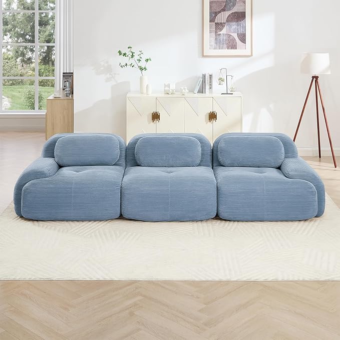116" Modern Corduroy Cloud Sofa, Boneless Modular Large Sectional Couches for Living Room, Blue 3 Seater Compressed Memory Foam Couch, Extra Deep Seat, No Assembly
