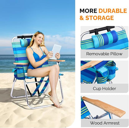 VINGLI Aluminum 17" Backpack Beach Chair – Tall Beach Chairs for Adults, Portable with Adjustable Straps, 3-Position Reclining, Cup Holder, High Lightweight Beach Chairs for Beach